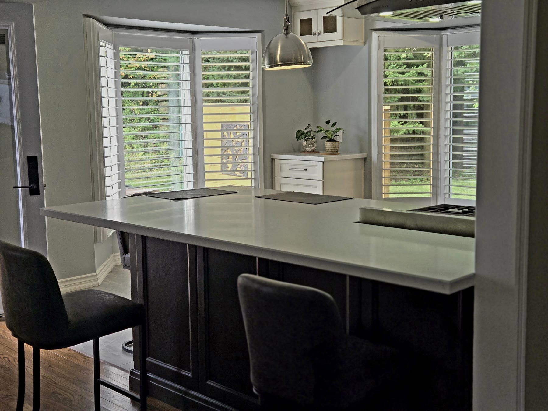 Custom kitchen island and cabinetry with views to the backyard