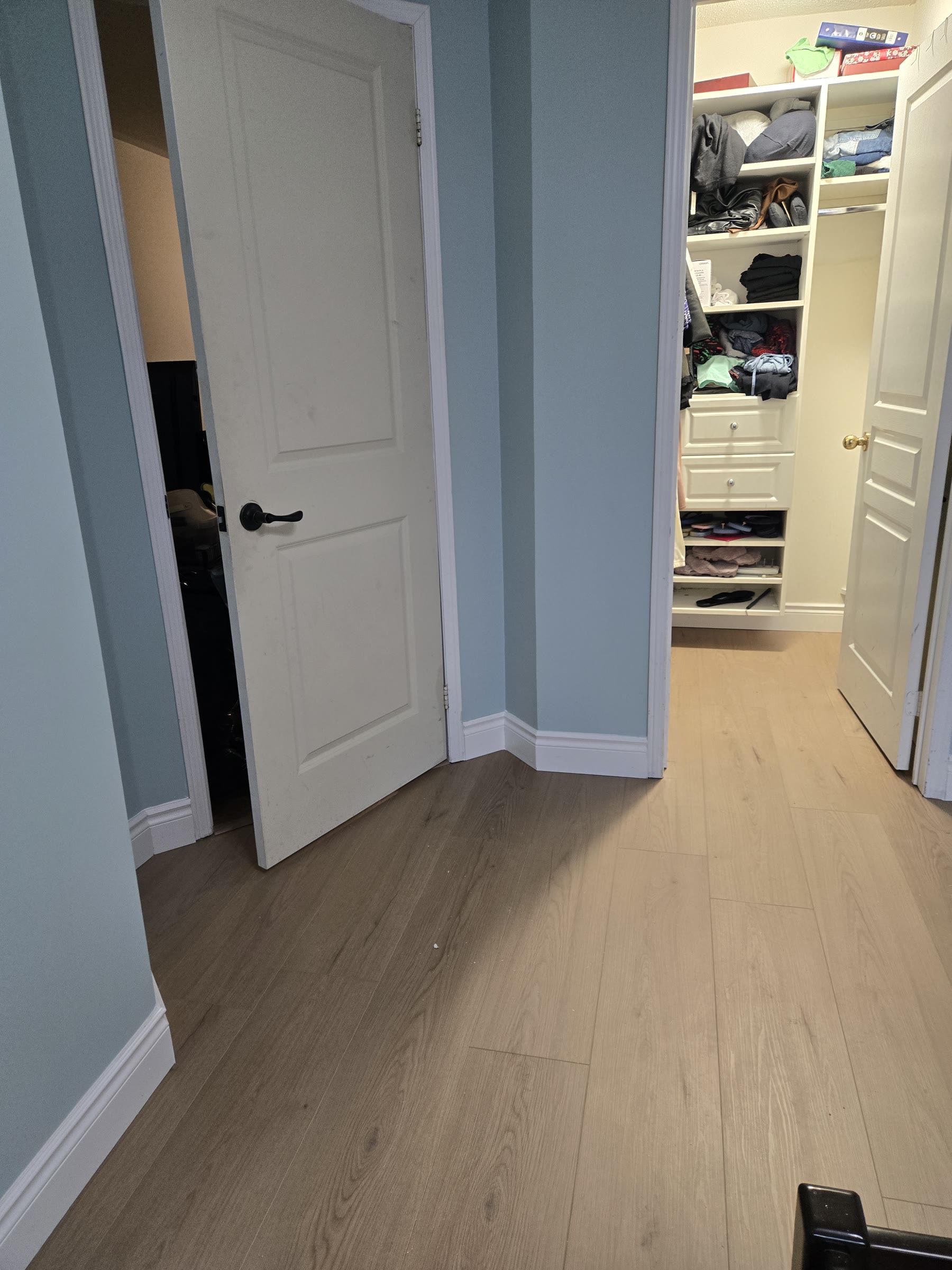 Finished bedroom with light flooring, painted walls, crisp baseboards and dark interior doors
